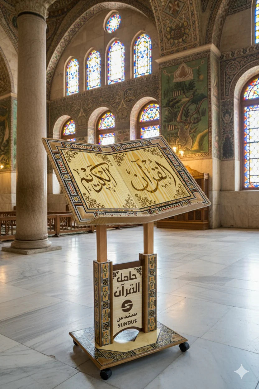 Extra Large Mosaic Quran Stand – Wooden Quran Holder with Wheels side view sundus