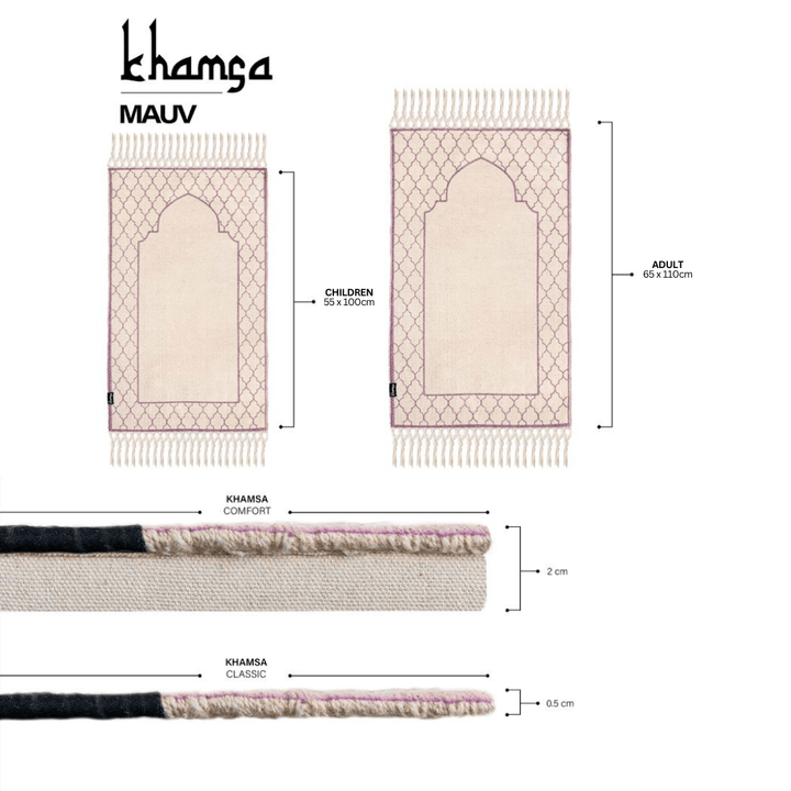Khamsa Comfort | Muslim Prayer Rug Prayer Mat with Added Foam Padding for Pressure Relief and Motion Absorption Children Size 55 cm x 100 cm Arabic Style Janamaz in 100% Soft Organic Cotton Fabric Handcrafted Arabic Design | Mauv - Lavender