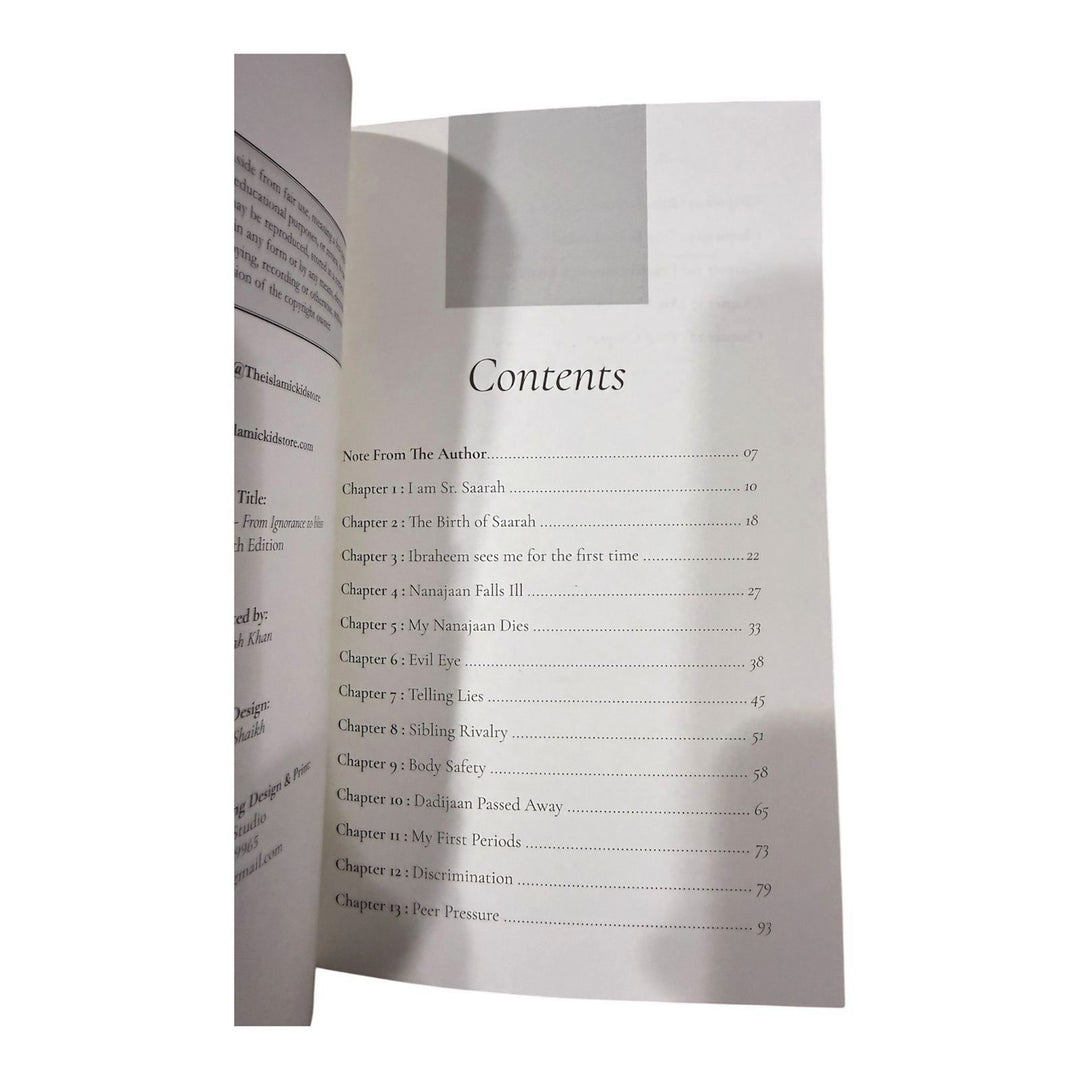 Saarah's Journey from ignorance to Bliss - Part 1 aaliyah khan book cover table of contents