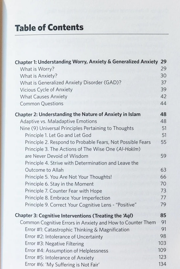 Table of contents from a book on The Islamic Workbook for Managing Anxiety