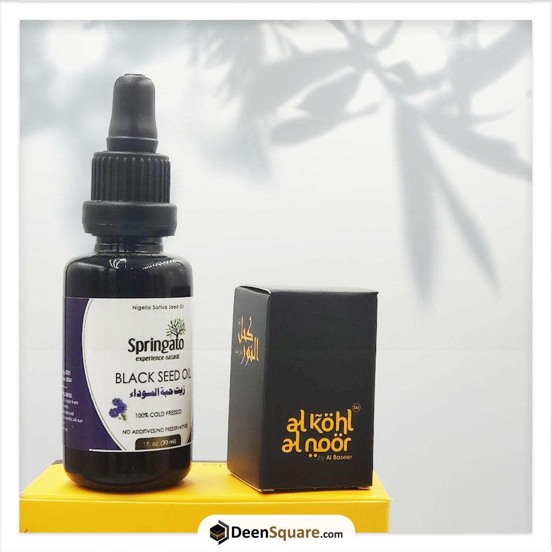 Al Kohl Al Noor Ithmid Kohl + SPRINGATO COLD PRESS BLACK SEED OIL 30ML Combo Offer