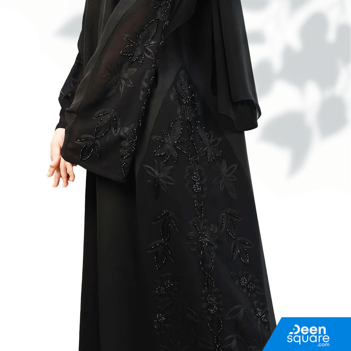 Elegant Georgette Embroidered With Beads Abaya - Black