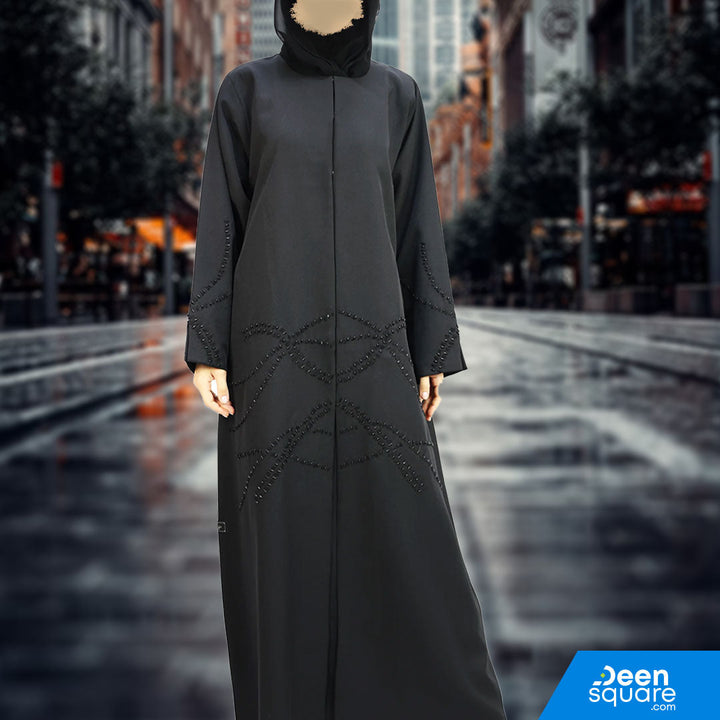 Elegant Handwork With Beads Abaya - Black (Crepe)