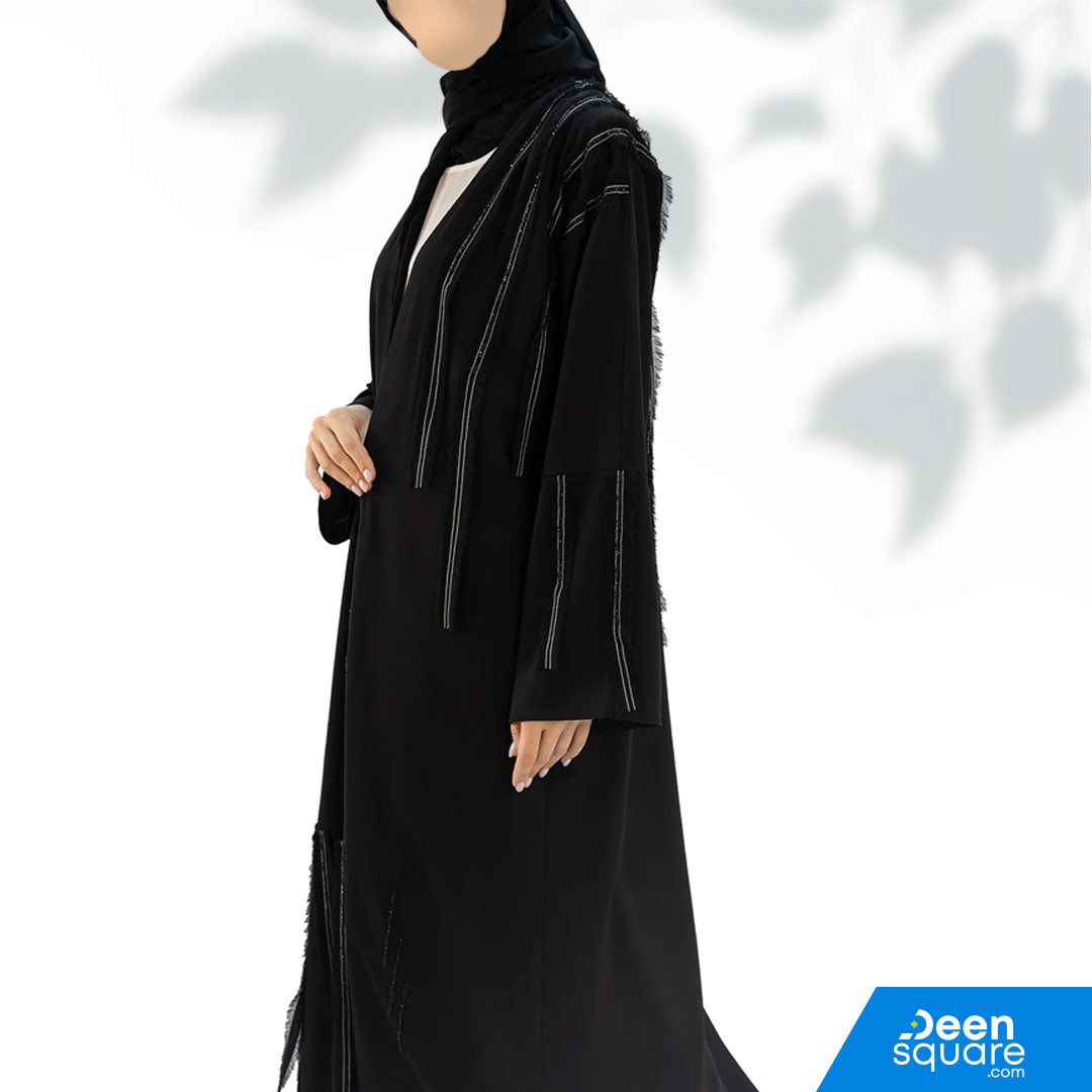 Premium Crepe With Fringes And Detailing Front Open Abaya - Black