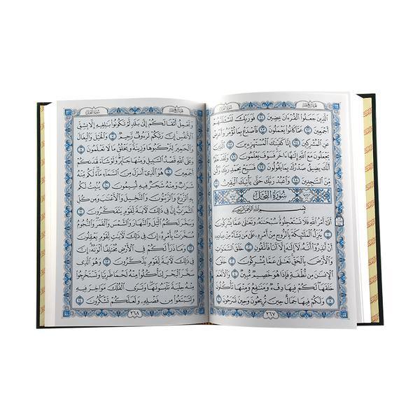 Quran Uthmani Script 14 x 20 cm with Blue Design inside (مصحف 14×20 2لون كوشية ارضية زرقاء)