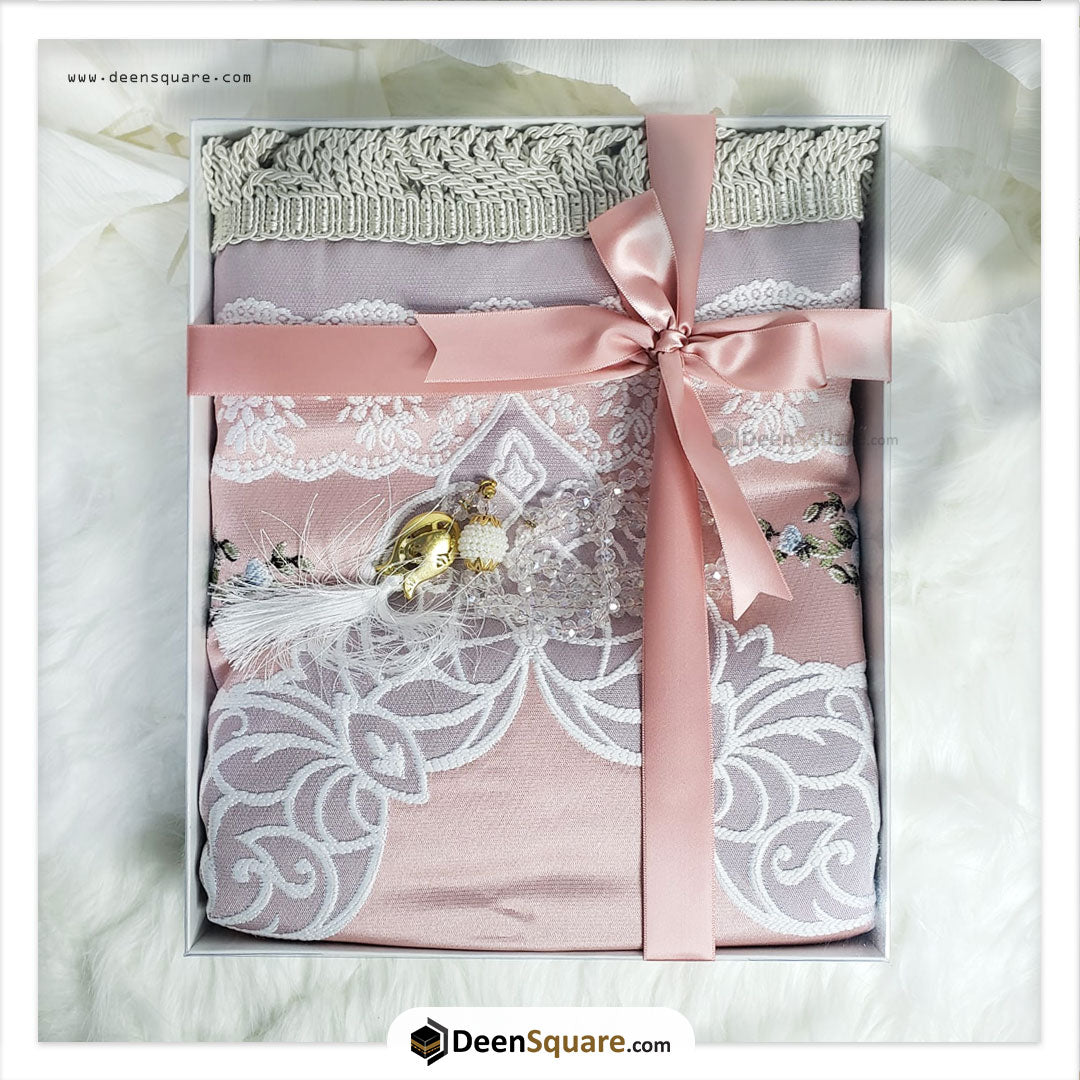 Turkish Luxury Prayer Mat & Tasbeeh for Gift - Pink (Lined)