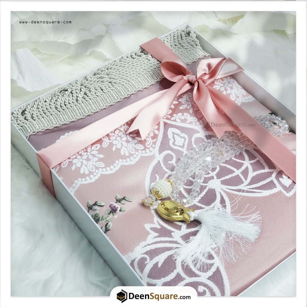 Turkish Luxury Prayer Mat & Tasbeeh for Gift - Pink (Lined)