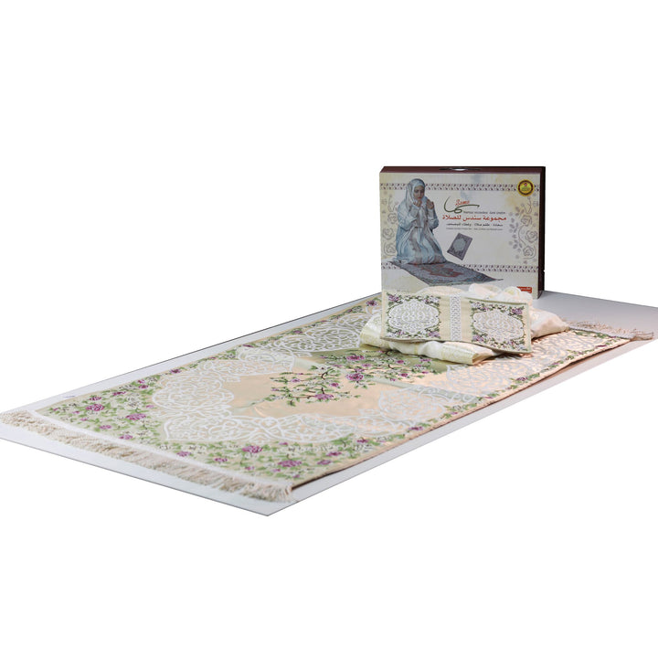 LUXURY ISLAMIC GIFT SET - WOMEN - طقم صلاة مع سجادة صلاة وغطاء مصحف ( سما ) حرير تطريز يدوي صناعة تركية