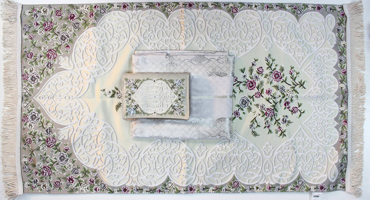 LUXURY ISLAMIC GIFT SET - WOMEN - طقم صلاة مع سجادة صلاة وغطاء مصحف ( سما ) حرير تطريز يدوي صناعة تركية