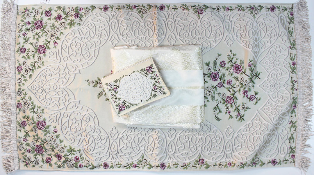 LUXURY ISLAMIC GIFT SET - WOMEN - طقم صلاة مع سجادة صلاة وغطاء مصحف ( سما ) حرير تطريز يدوي صناعة تركية