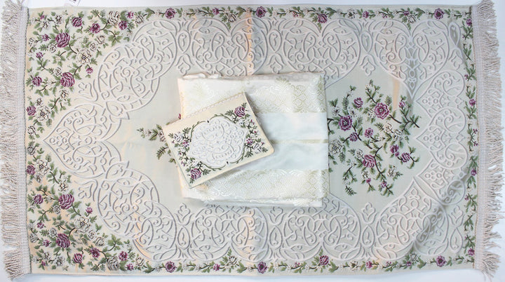 LUXURY ISLAMIC GIFT SET - WOMEN - طقم صلاة مع سجادة صلاة وغطاء مصحف ( سما ) حرير تطريز يدوي صناعة تركية