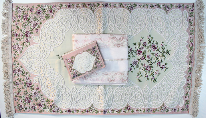 LUXURY ISLAMIC GIFT SET - WOMEN - طقم صلاة مع سجادة صلاة وغطاء مصحف ( سما ) حرير تطريز يدوي صناعة تركية