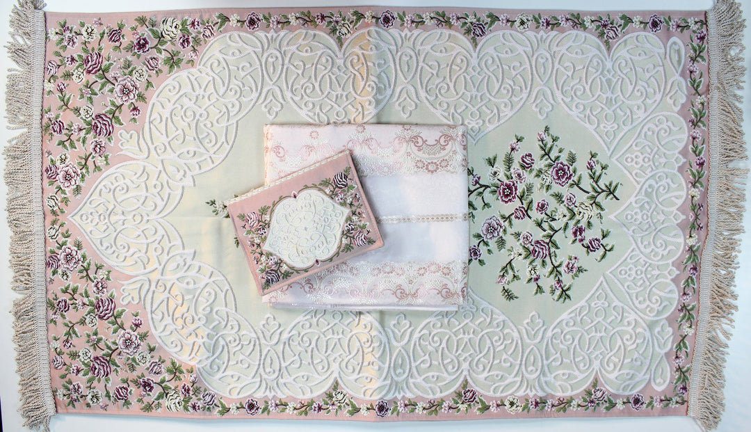 LUXURY ISLAMIC GIFT SET - WOMEN - طقم صلاة مع سجادة صلاة وغطاء مصحف ( سما ) حرير تطريز يدوي صناعة تركية