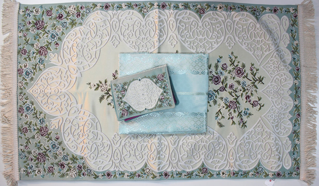 LUXURY ISLAMIC GIFT SET - WOMEN - طقم صلاة مع سجادة صلاة وغطاء مصحف ( سما ) حرير تطريز يدوي صناعة تركية