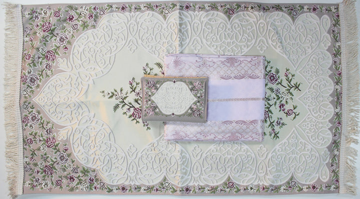 LUXURY ISLAMIC GIFT SET - WOMEN - طقم صلاة مع سجادة صلاة وغطاء مصحف ( سما ) حرير تطريز يدوي صناعة تركية
