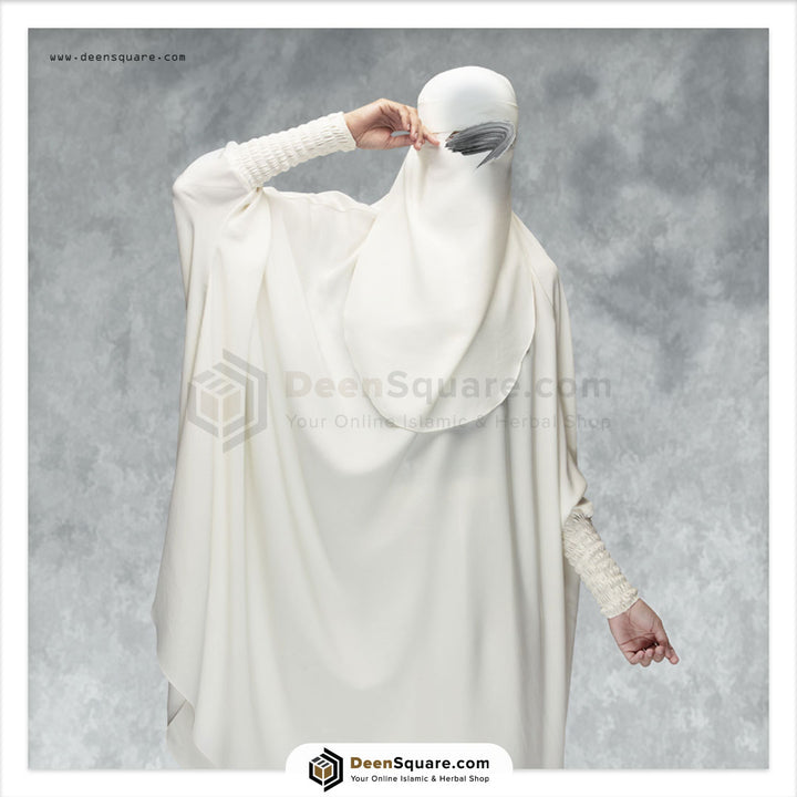 3 Piece Jilbab (Elasticated Sleeves) - Khimar with Skirt and Niqab - Off White