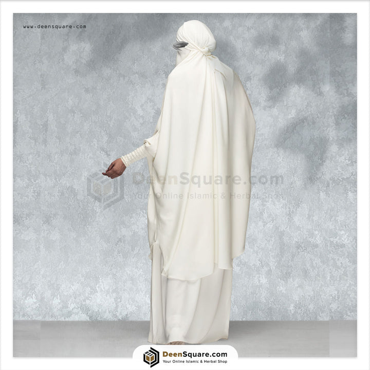 3 Piece Jilbab (Elasticated Sleeves) - Khimar with Skirt and Niqab - Off White