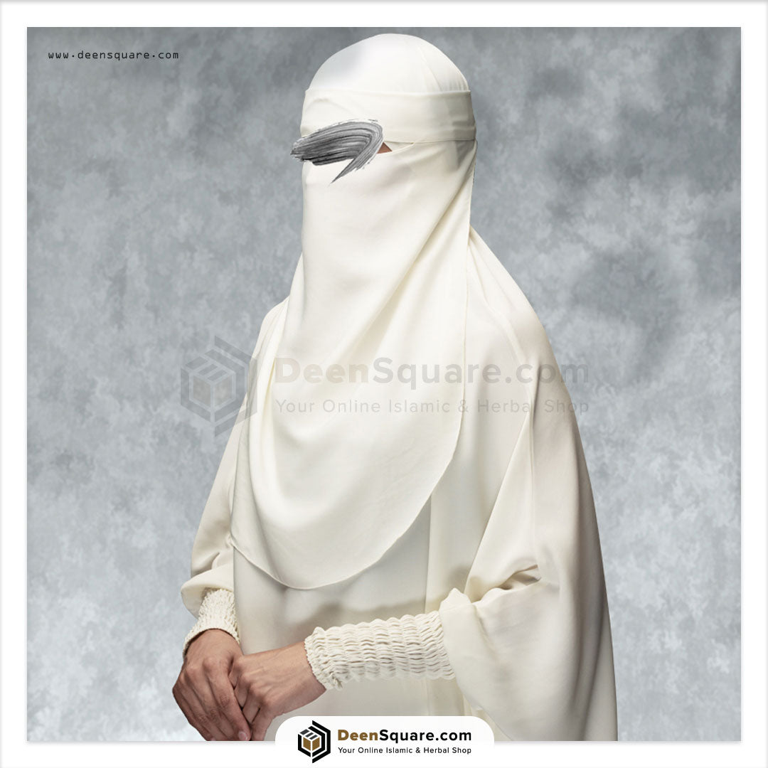 3 Piece Jilbab (Elasticated Sleeves) - Khimar with Skirt and Niqab - Off White