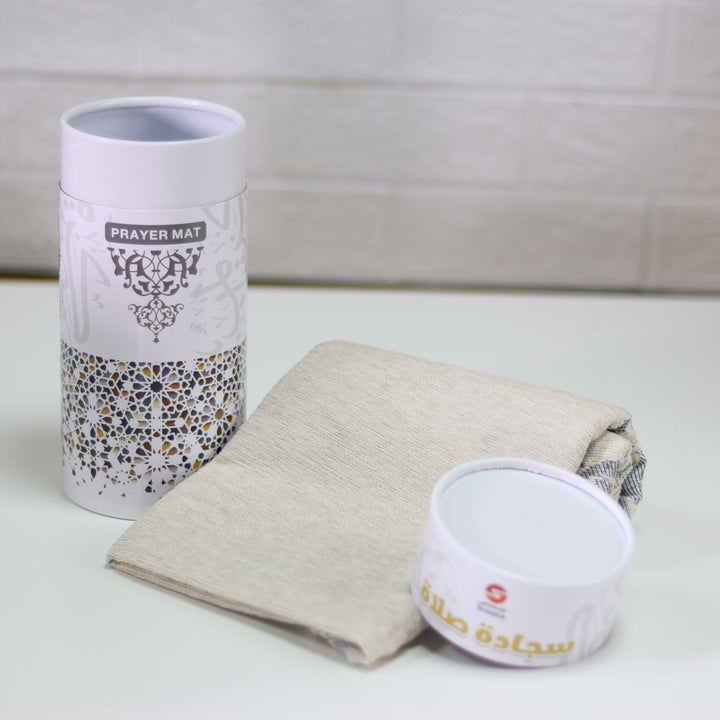 Prayer mat & Tasbeeh with cylindrical box  |  سجادة صلاة في علبة اسطوانية أنيقة - المدينة مع مسبحة