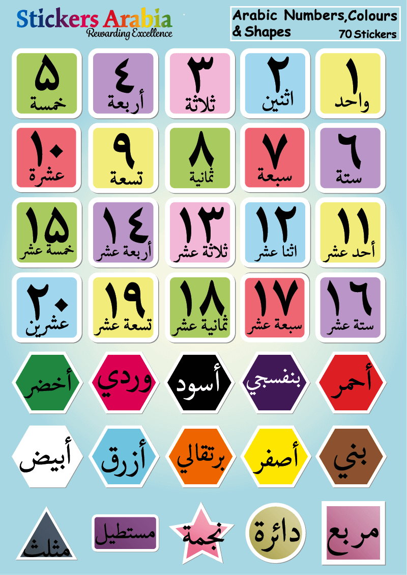 Arabic Number, Colours and Shapes Stickers Pack