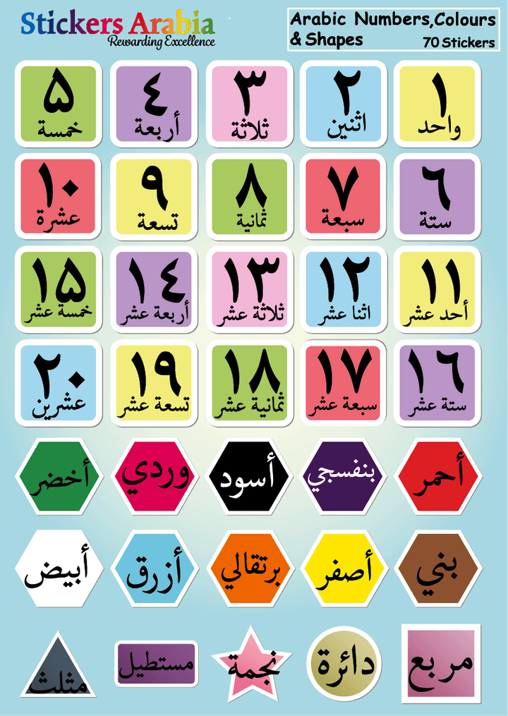 Arabic Number, Colours and Shapes Stickers Pack