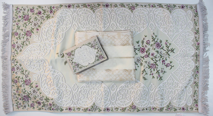 LUXURY ISLAMIC GIFT SET - WOMEN - طقم صلاة مع سجادة صلاة وغطاء مصحف ( سما ) حرير تطريز يدوي صناعة تركية