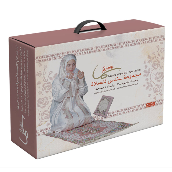 LUXURY ISLAMIC GIFT SET - WOMEN - طقم صلاة مع سجادة صلاة وغطاء مصحف ( سما ) حرير تطريز يدوي صناعة تركية