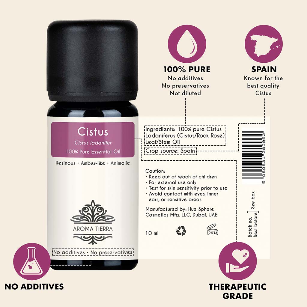 Aroma Tierra Cistus Essential Oil - 100 Percent Pure Rock Rose Oil for Skincare and Natural Amber Perfume