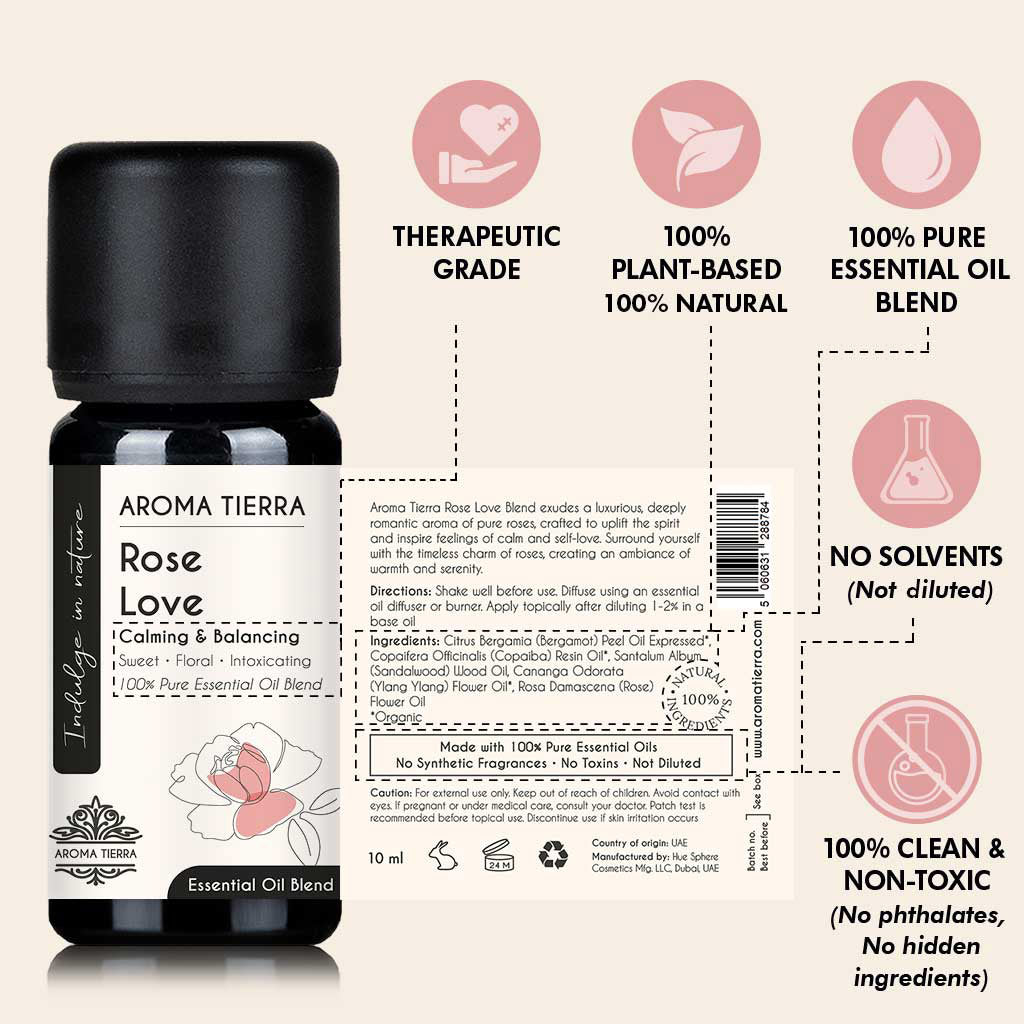 Aroma Tierra Rose Love Essential Oil Blend - 100 Percent Natural Rose and Sandalwood for Aromatherapy
