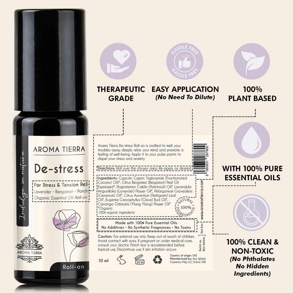 De-stress - Essential Oil Roll-on Organic - For Stress &amp; Tension Relief - Aroma Tierra