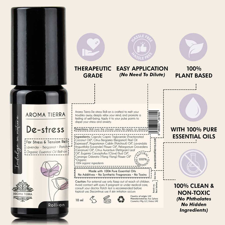 De-stress - Essential Oil Roll-on Organic - For Stress &amp; Tension Relief - Aroma Tierra