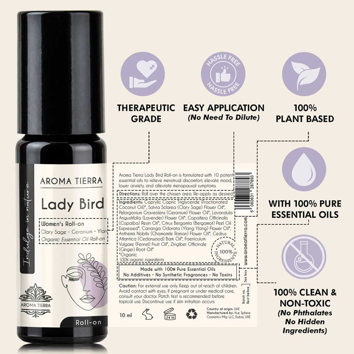 Lady Bird PMS Essential Oil Roll-On Organic | Aroma Tierra