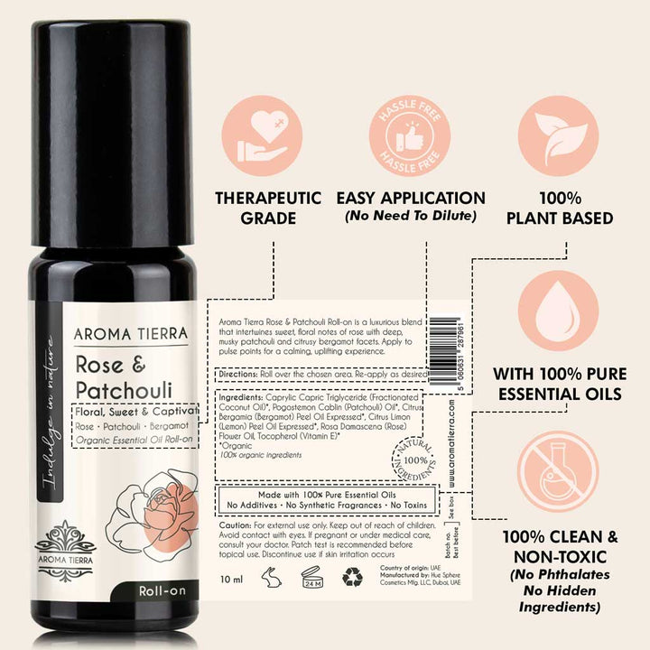 Rose &amp; Patchouli Essential Oil Roll-On Organic | Aroma Tierra