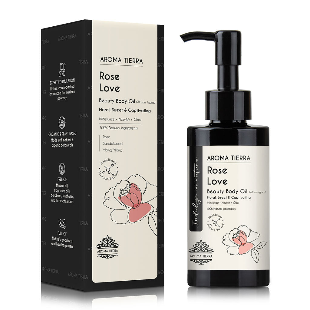 Buy Rose Love Body Oil 100ml at deensquare.com Dubai | UAE. Luxurious rose body oil for soft skin, hydration, relaxation, and wellness care.