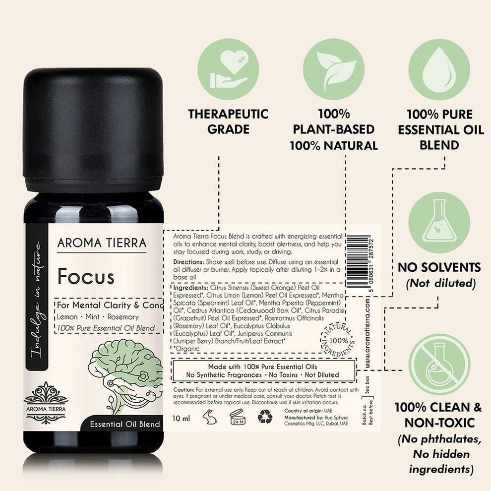 Focus Essential Oil Blend For Mental Clarity & Concentration - Aroma Tierra