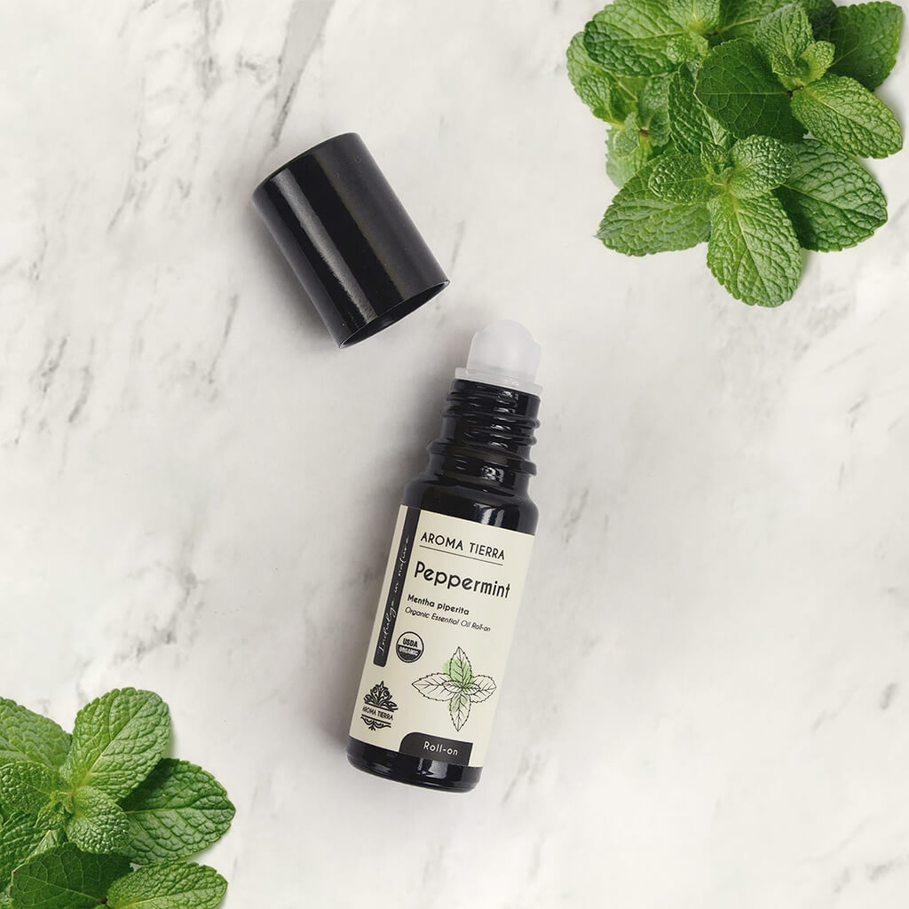 Aroma Tierra Organic Peppermint Roll-on oil  best essential oil soothing sore muscles.