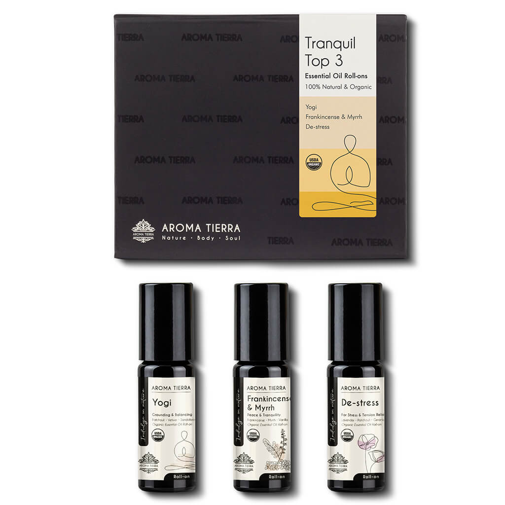 Aroma Tierra Tranquil Roll-on Set – 3 organic essential oils for meditation, yoga, stress relief 