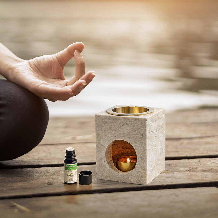 Aroma Tierra  Odyssey Travertine Stone essential oil passive diffuser natural materials of stone and brass
