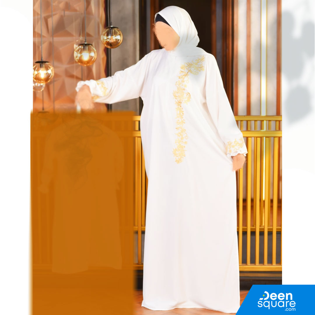 ثوب صلاة من قطعة واحدة مع شيلة وتطريز على الأكمام - أبيض