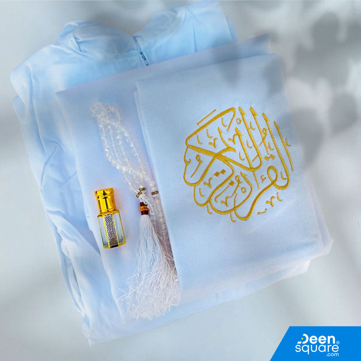 Women’s Gift Box – Matching Quran, Prayer Mat, Prayer Dress, Attar & Tasbeeh