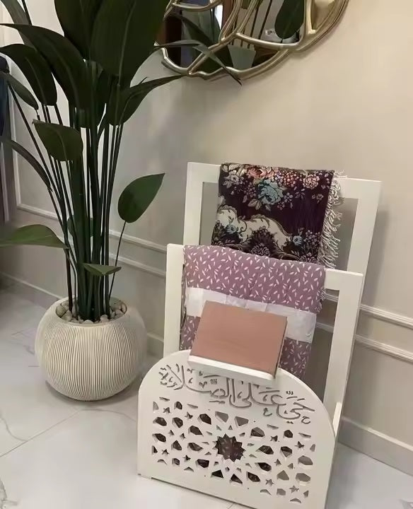 Quran Shelf & Prayer Mat Organizer - Islamic Wooden Praying Stand - White Color