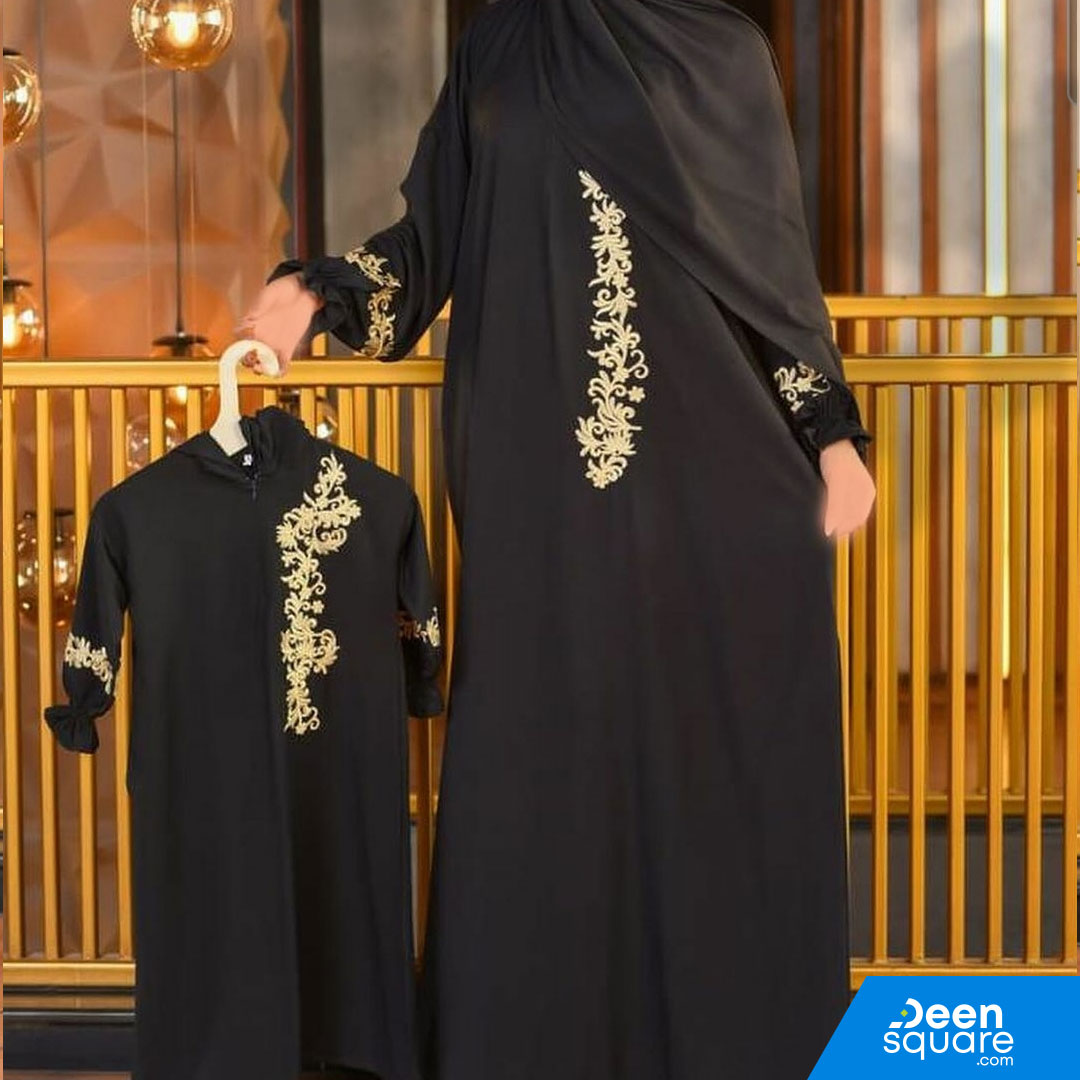 One Piece Prayer Dress with Shayla with embroidery on sleeves (For Kids) - Black