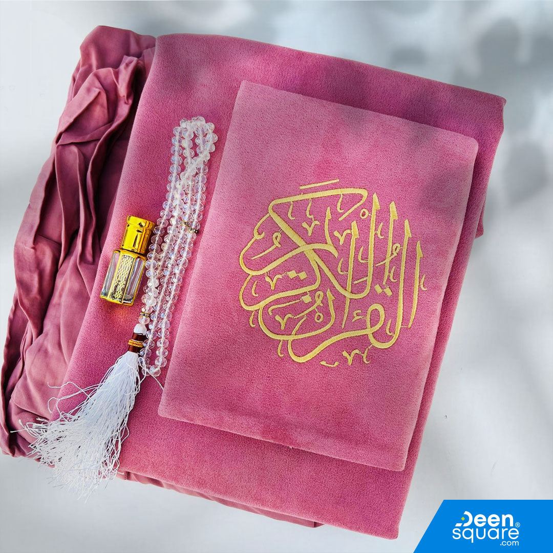 Women’s Gift Box – Matching Quran, Prayer Mat, Prayer Dress, Attar & Tasbeeh
