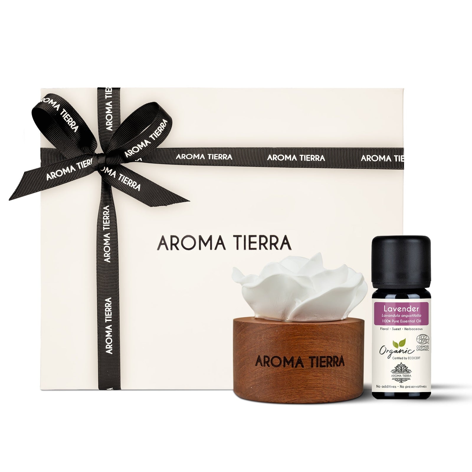 cera flora wood ceramic diffuser set with lavender essential oil in a gift box with ribbon