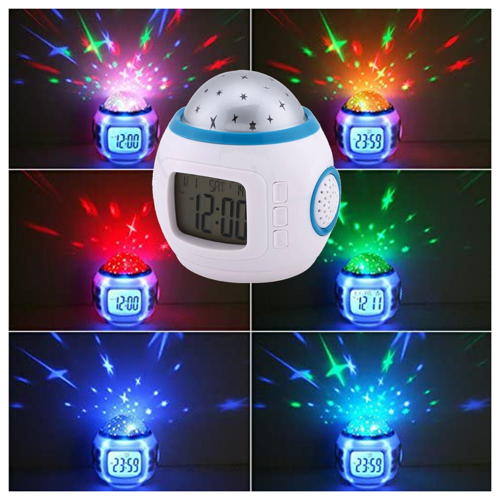 Buy 1038 Star Sky Projector Clock at deensquare.com Dubai | UAE. Features colorful star projection, alarm, temperature display & music functions.