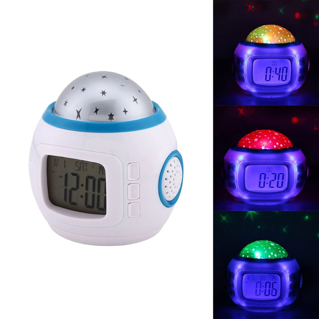 Buy 1038 Star Sky Projector Clock at deensquare.com Dubai | UAE. Features colorful star projection, alarm, temperature display &amp; music functions.