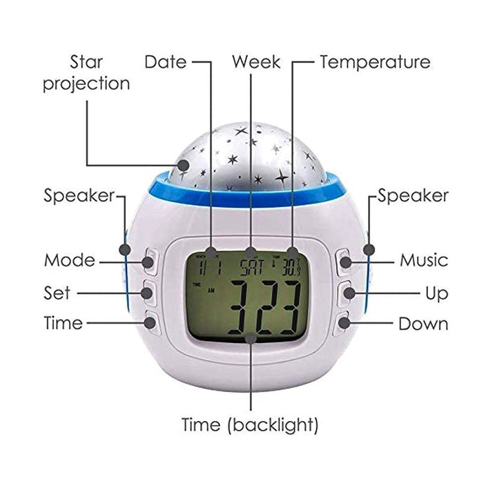 Buy 1038 Star Sky Projector Clock at deensquare.com Dubai | UAE. Features colorful star projection, alarm, temperature display &amp; music functions.