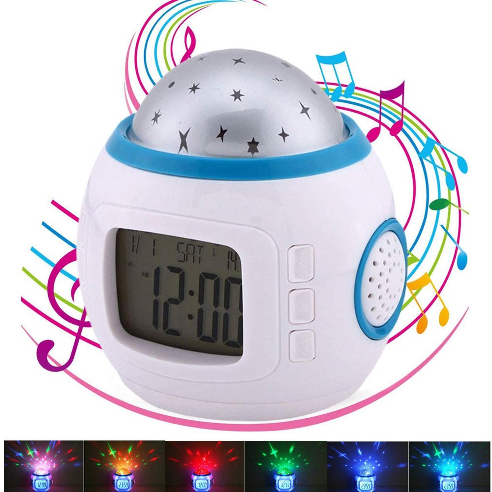 Buy 1038 Star Sky Projector Clock at deensquare.com Dubai | UAE. Features colorful star projection, alarm, temperature display &amp; music functions.