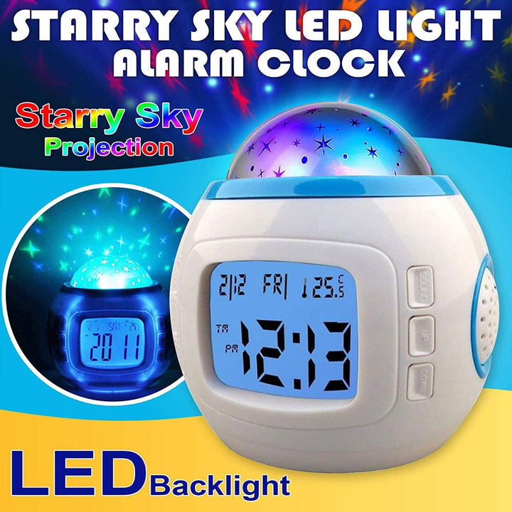 Buy 1038 Star Sky Projector Clock at deensquare.com Dubai | UAE. Features colorful star projection, alarm, temperature display &amp; music functions.