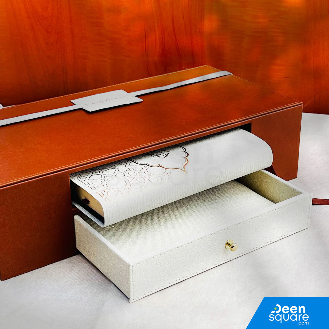 Quran & Acrylic Reading Stand with Leather Drawer Box - Premium Islamic Gift Set | مجموعة هدايا إسلامية فاخرة - صندوق من الجلد مع درج